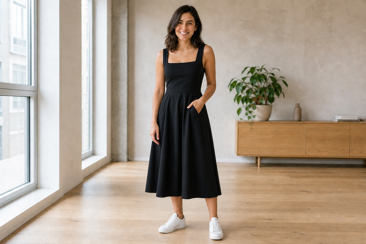 The same woman in the same apartment wearing an elegant black midi dress