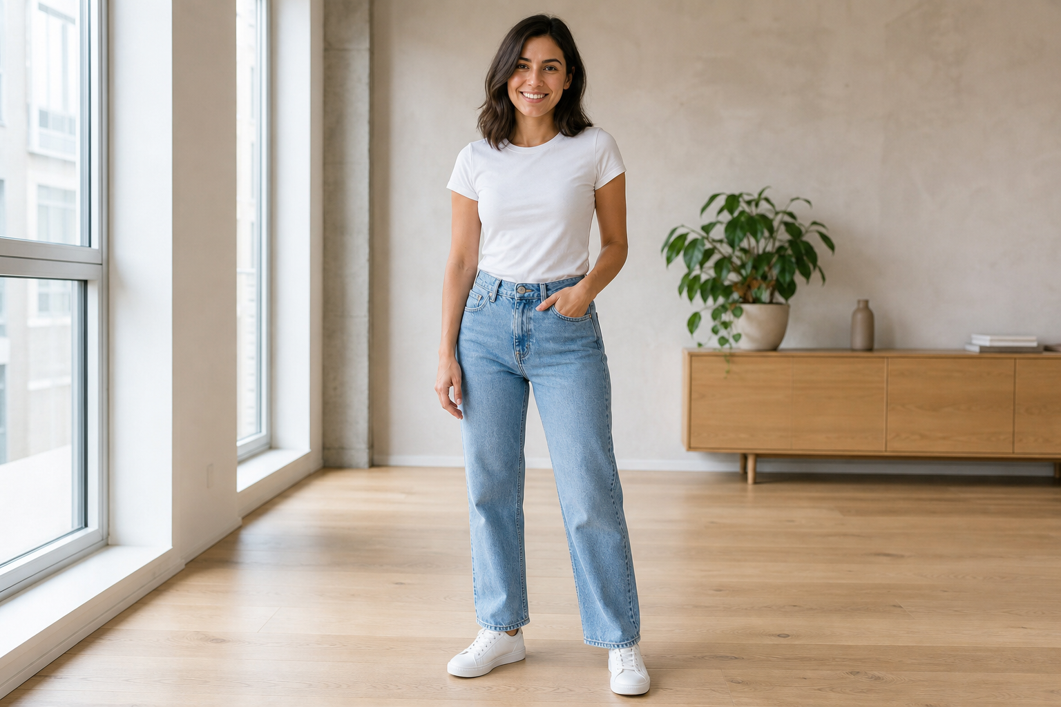 Woman wearing a gray T-shirt and dark blue jeans in a modern apartment
