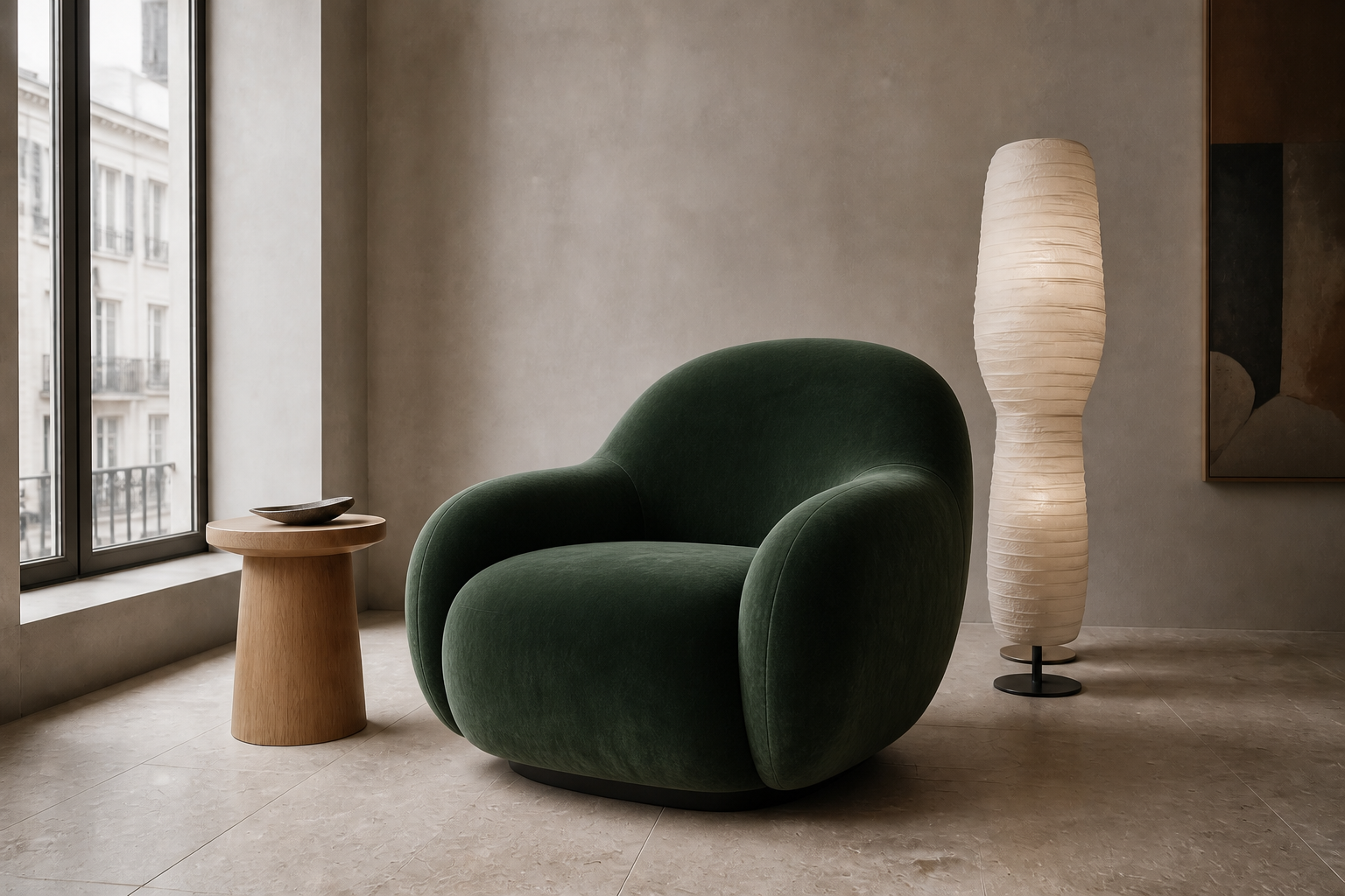 The same modern room with the chair changed to forest green velvet