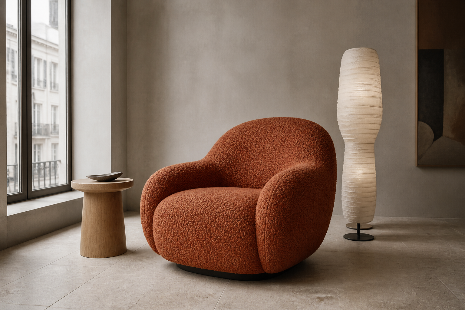 Modern room with a rust orange boucle lounge chair