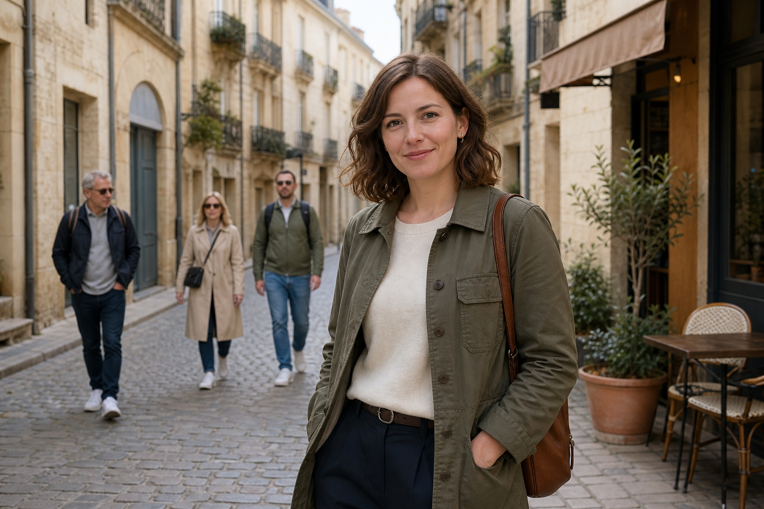 Woman posing on a European street with three tourists in the background