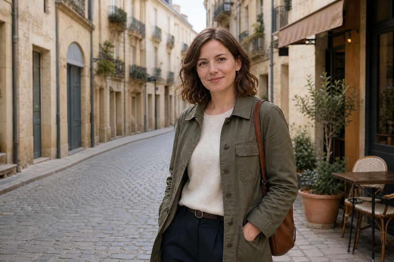 The same woman on the same European street with the background tourists removed