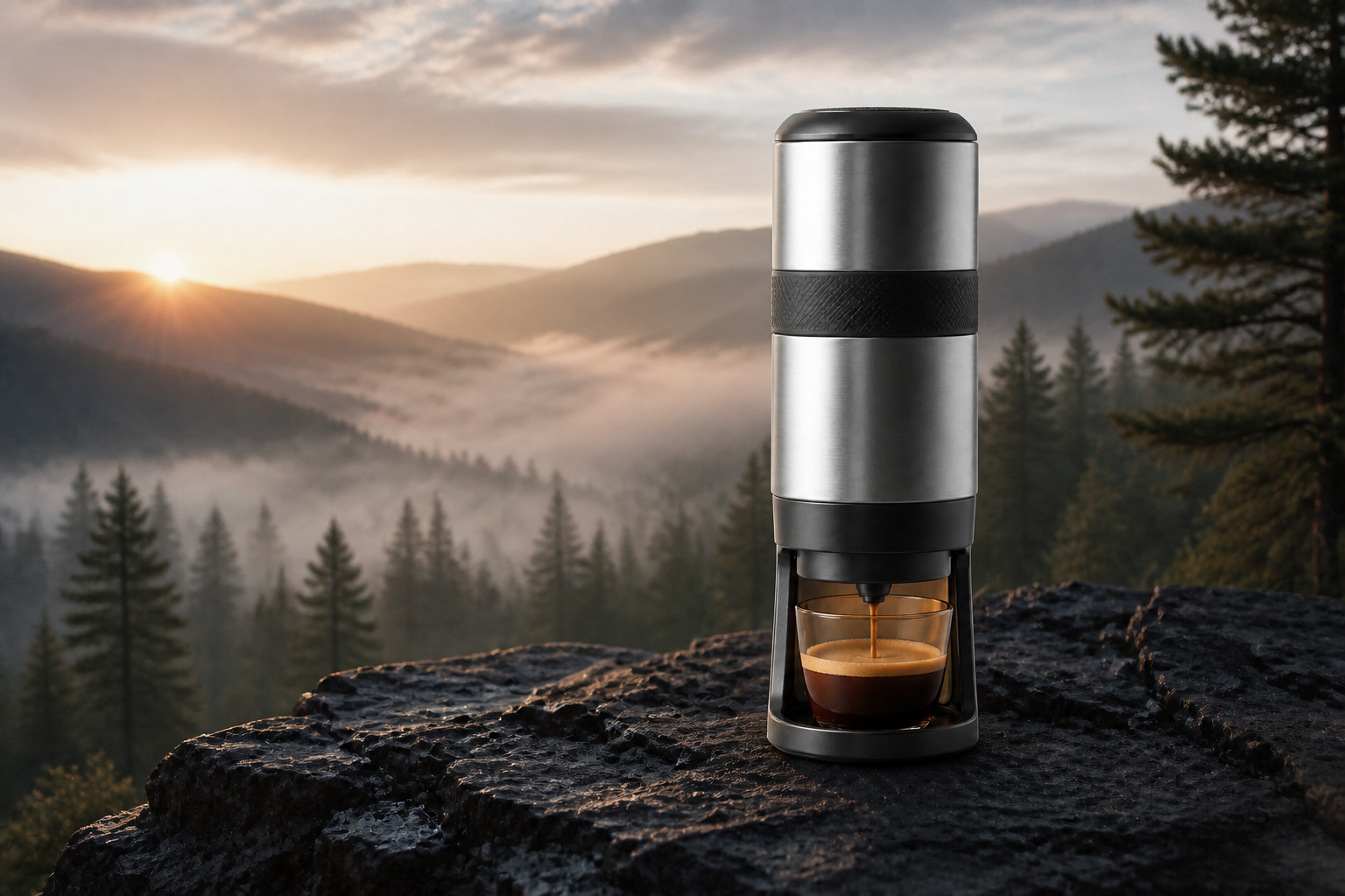 The same portable espresso maker in a mountain sunrise campaign scene