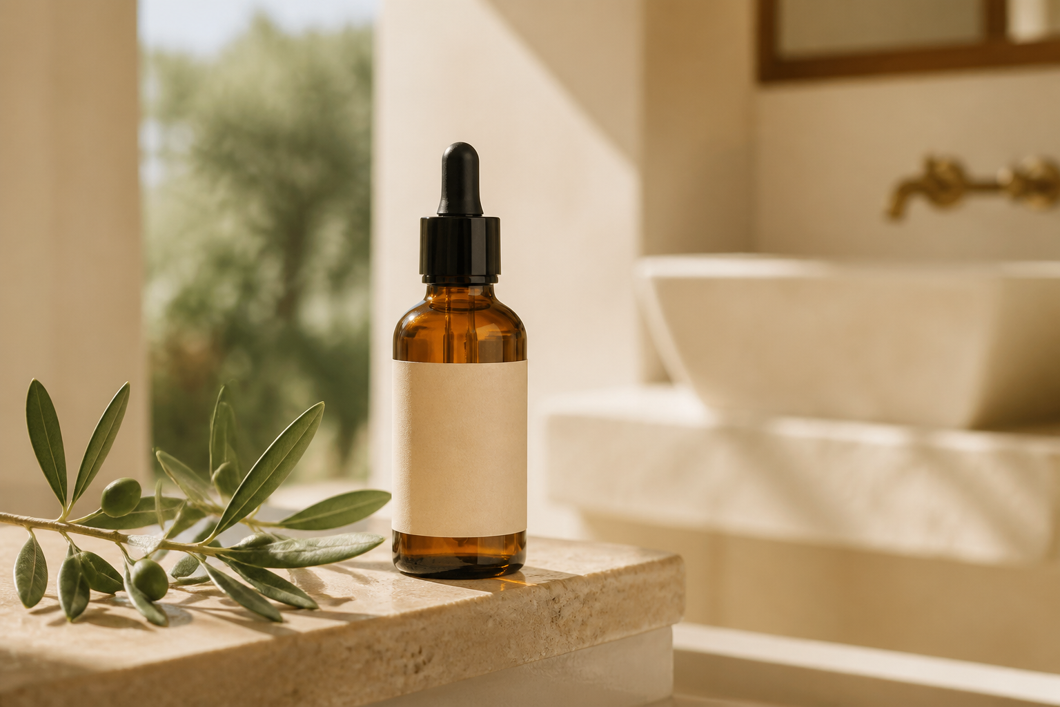 Amber serum bottle in a warm natural product setting