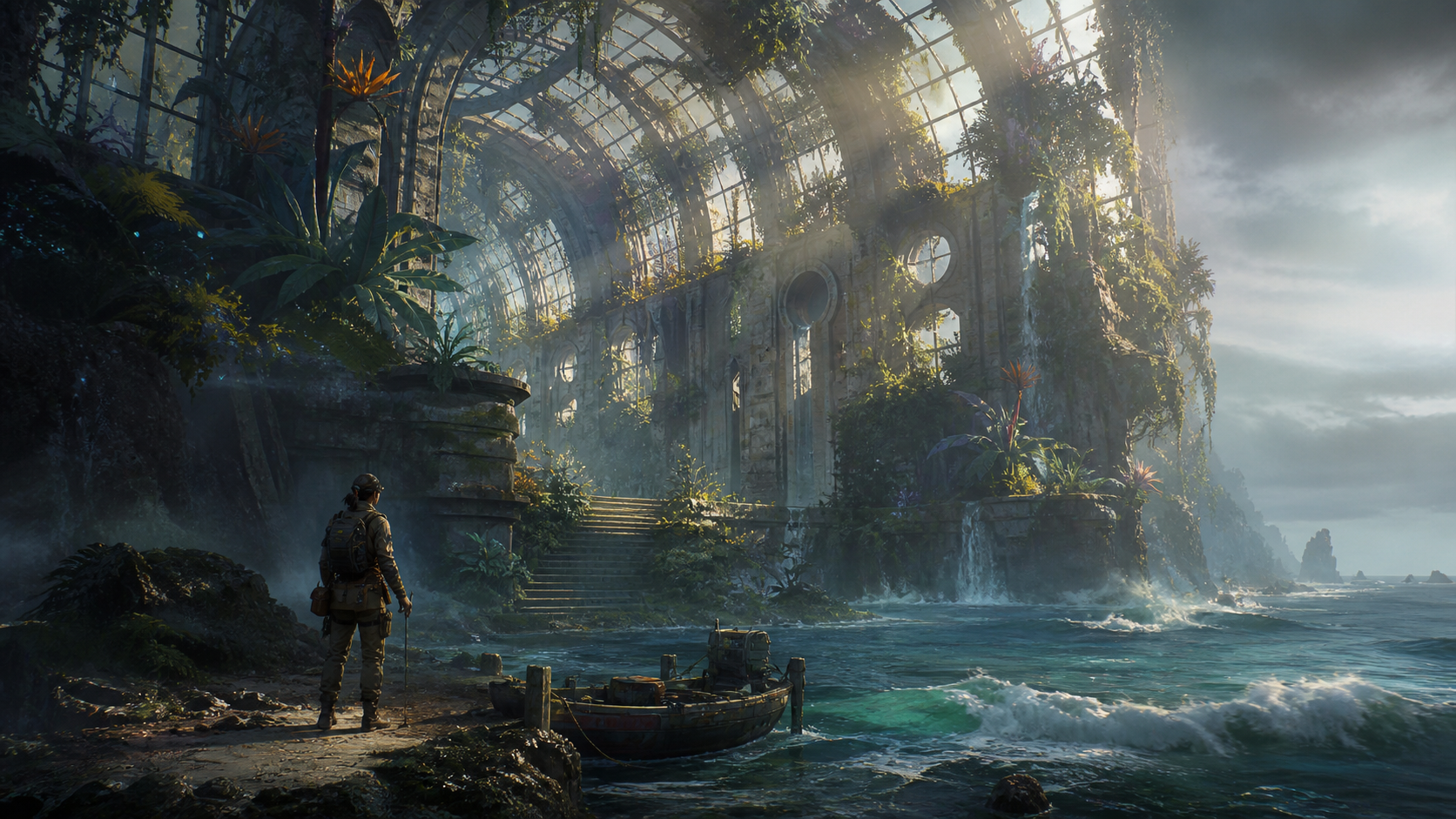Explorer approaching a vast abandoned botanical archive by the sea