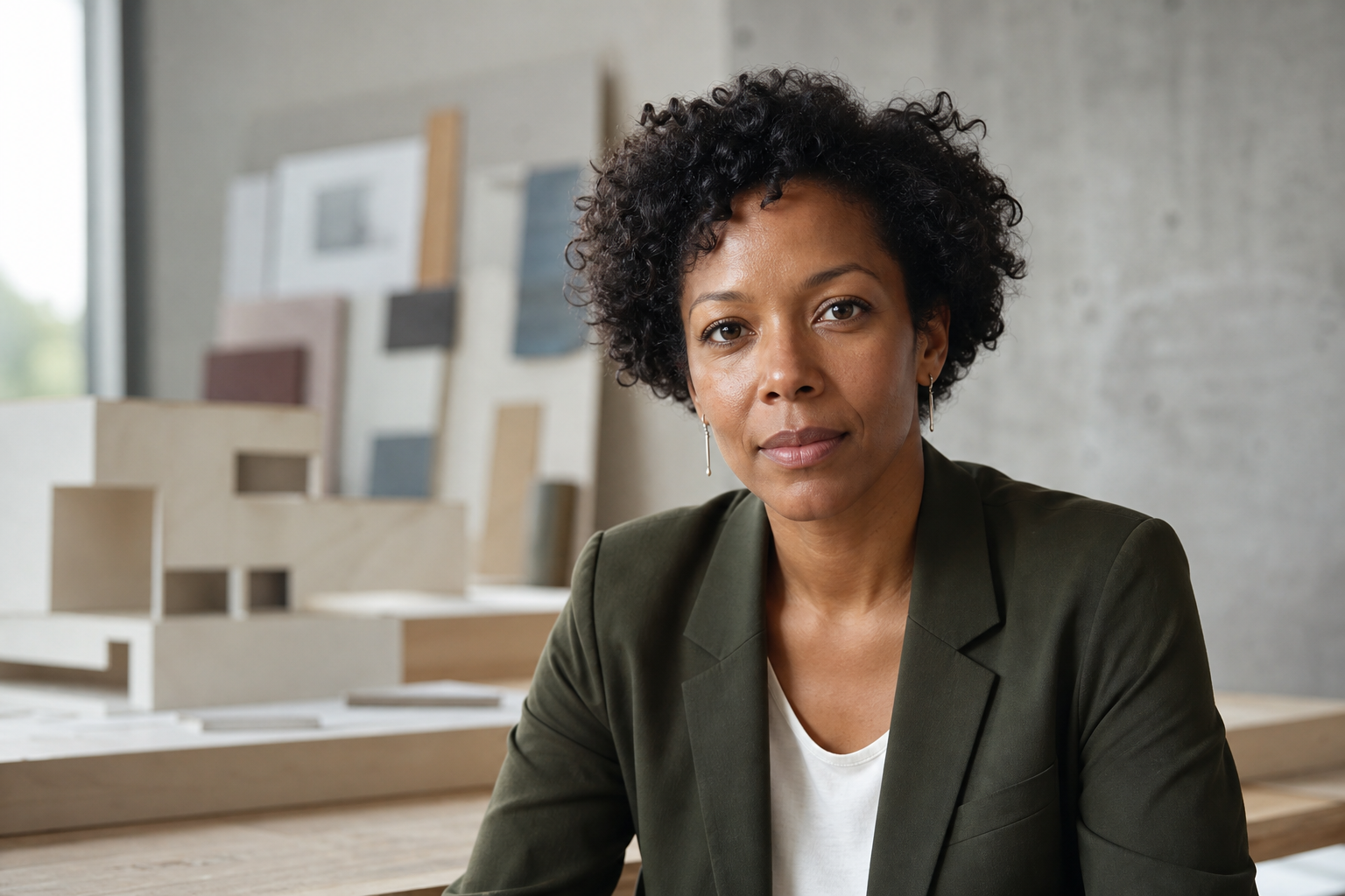 Natural professional headshot of an architect in her studio