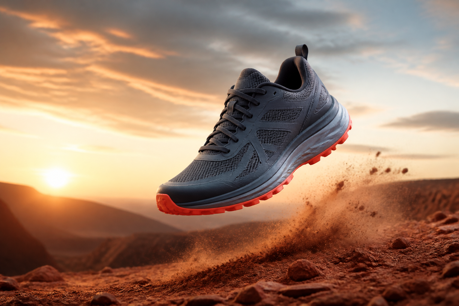Trail running shoe in a dynamic desert campaign image