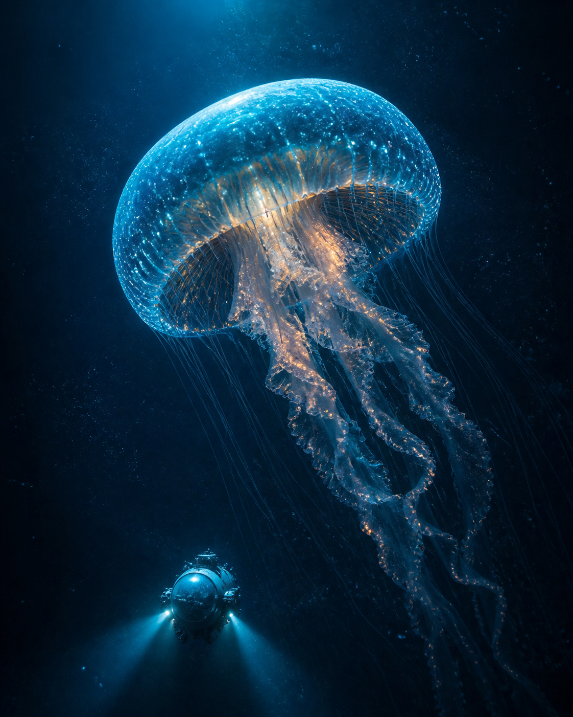 Cinematic deep-ocean jellyfish and research submersible poster image