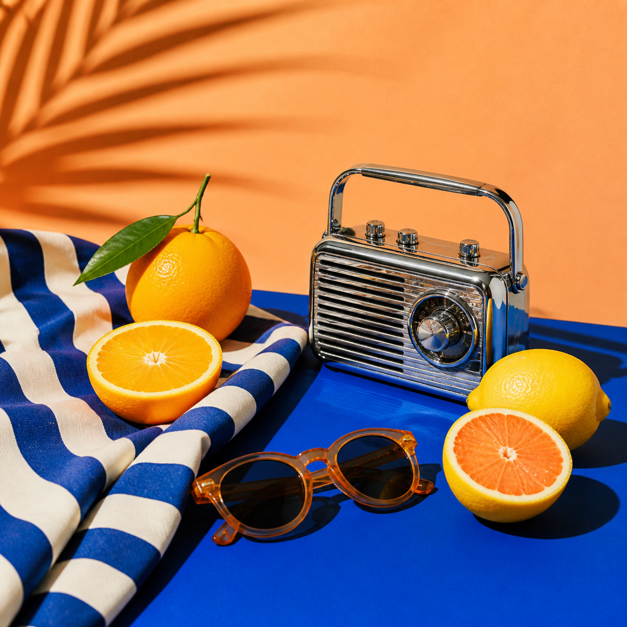 Colorful summer still life with citrus, sunglasses and a radio