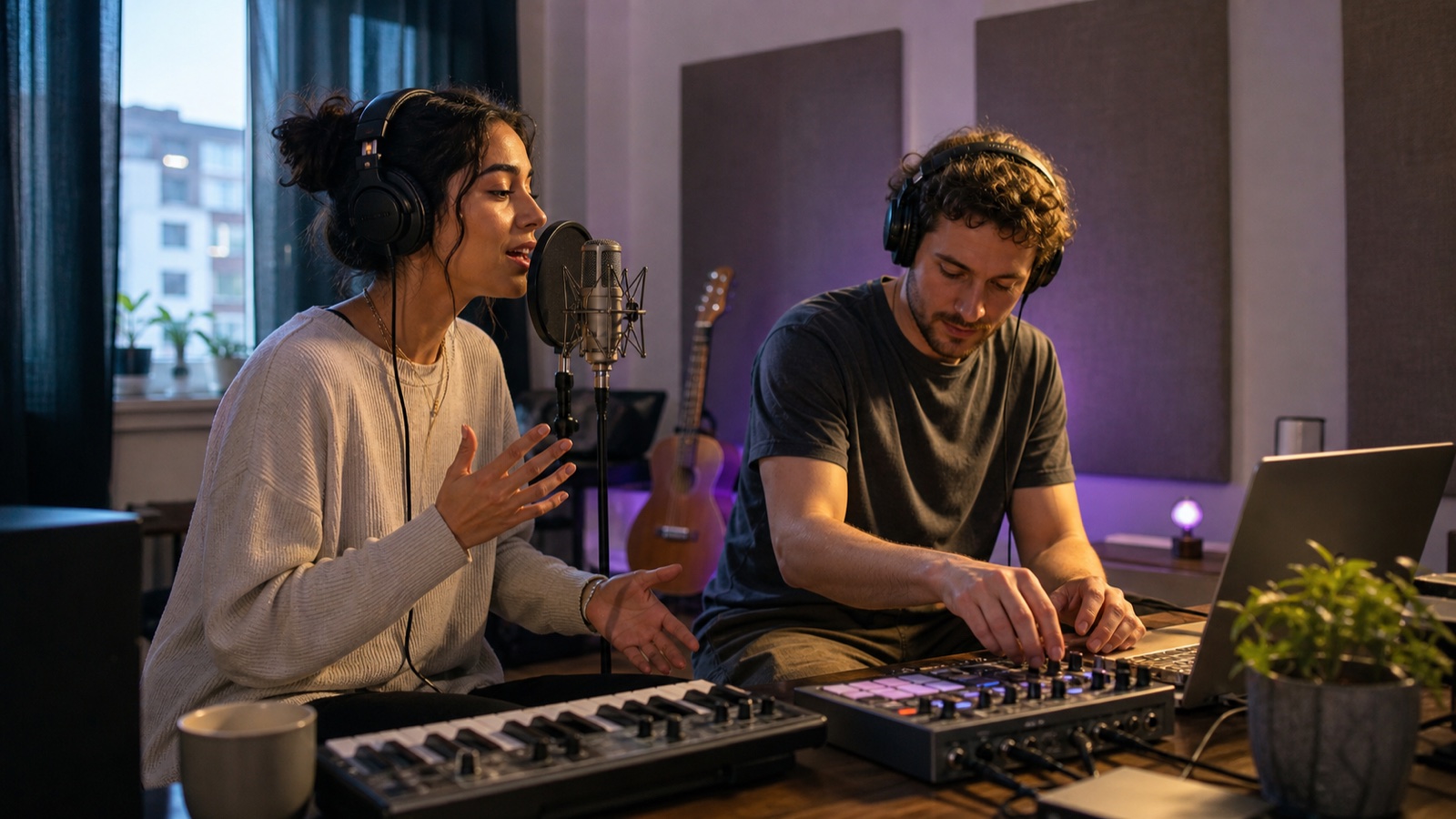 Two independent music creators collaborating in a home recording studio