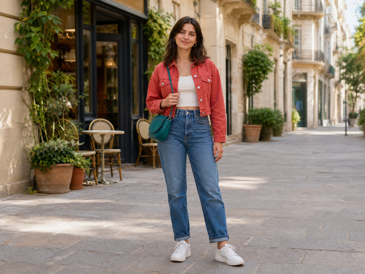 Source portrait of a woman standing on a sunny city street