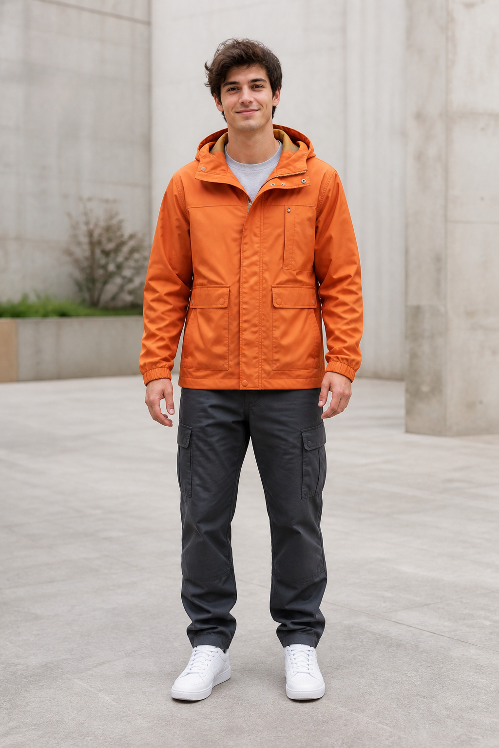 Full-body photo of a person wearing an orange jacket and dark cargo trousers