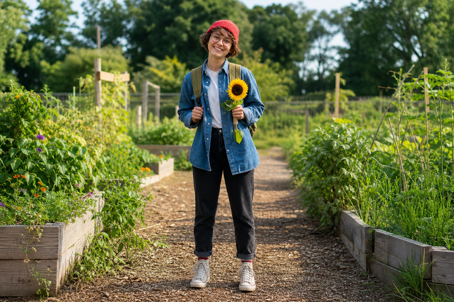 Garden portrait of a traveler wearing a red beanie and holding a sunflower