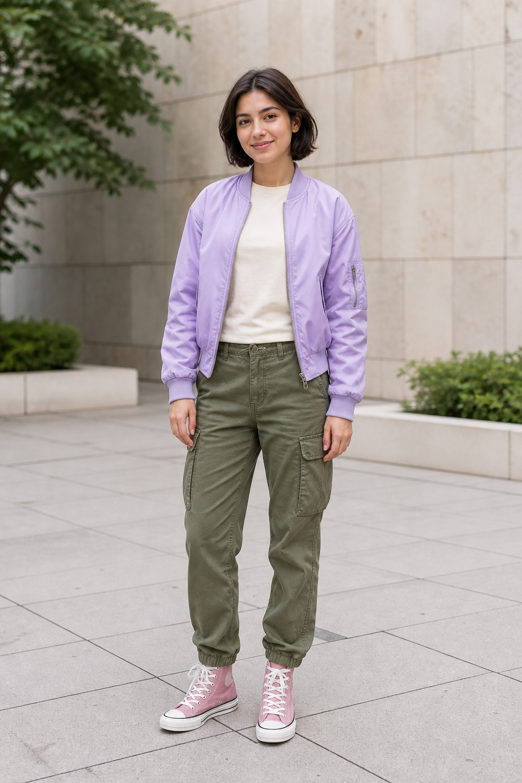 Full-body photo of a woman in a lavender jacket and olive cargo trousers