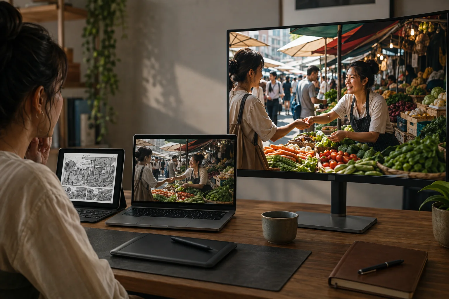 Concept workflow showing the same market video progressing from a rough draft to a polished large display