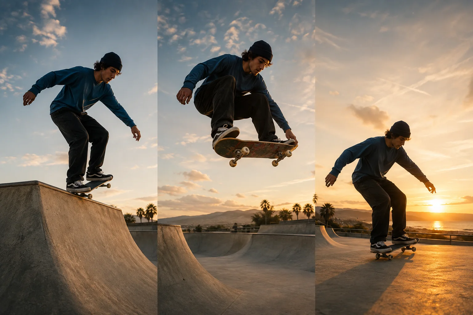 Concept sequence of one skateboarder moving smoothly from takeoff through a jump to landing