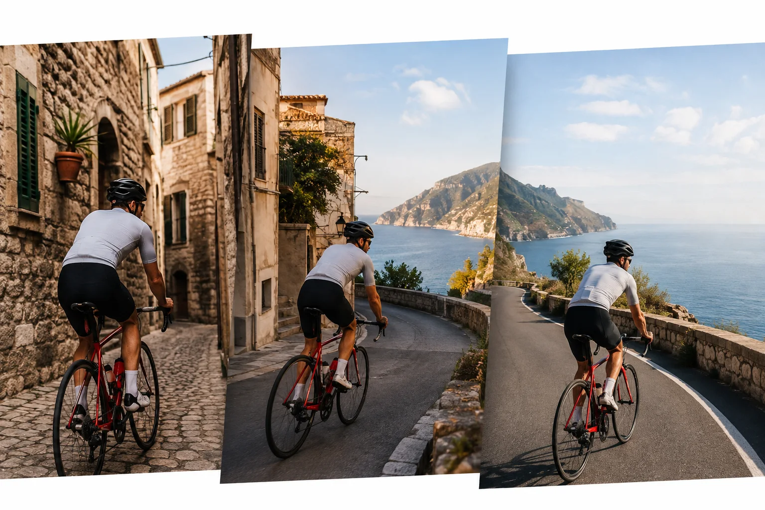 Concept sequence of the same cyclist continuing from an old town into a coastal road