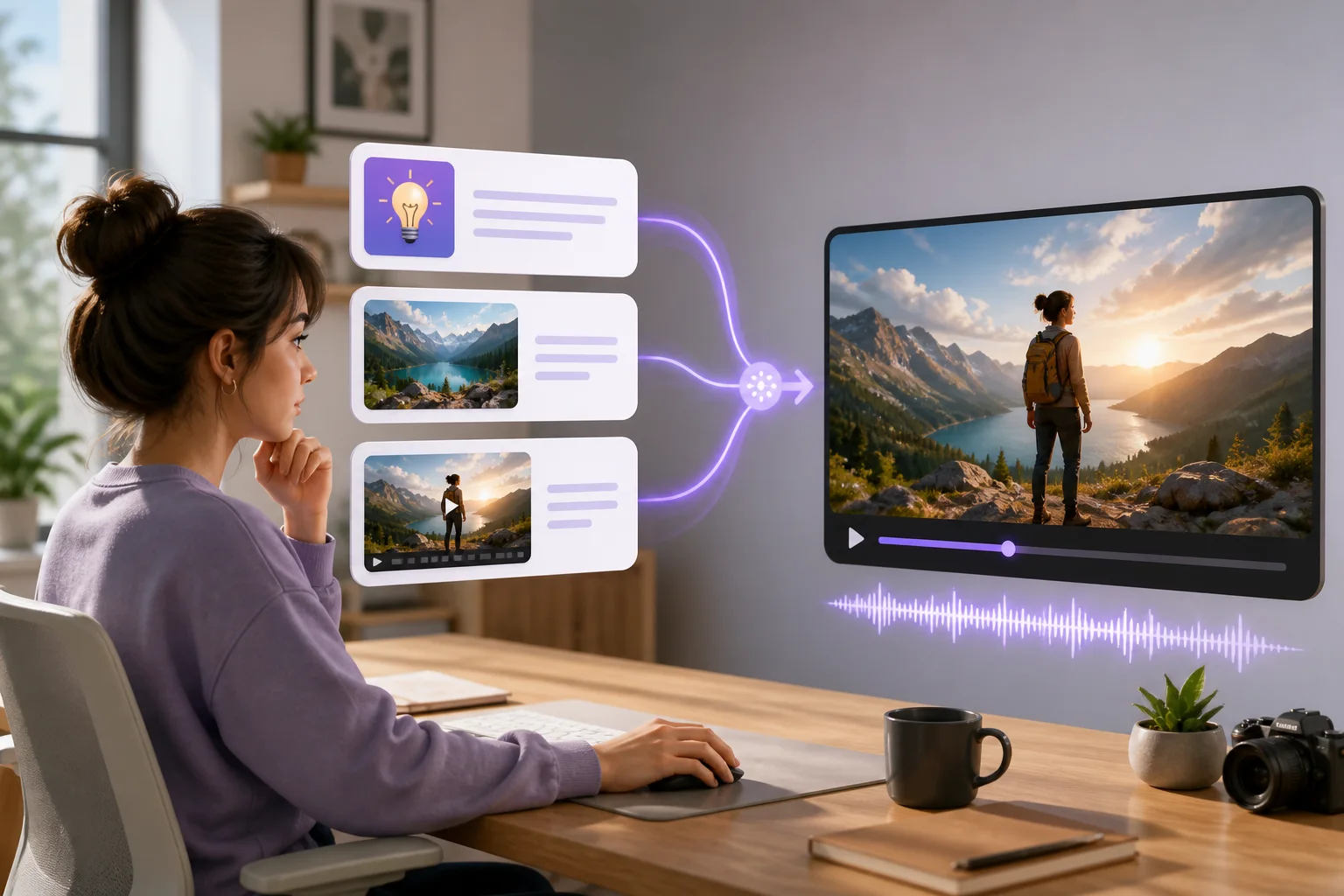 Concept illustration of a solo creator combining a prompt, still image, and clip into a video with audio