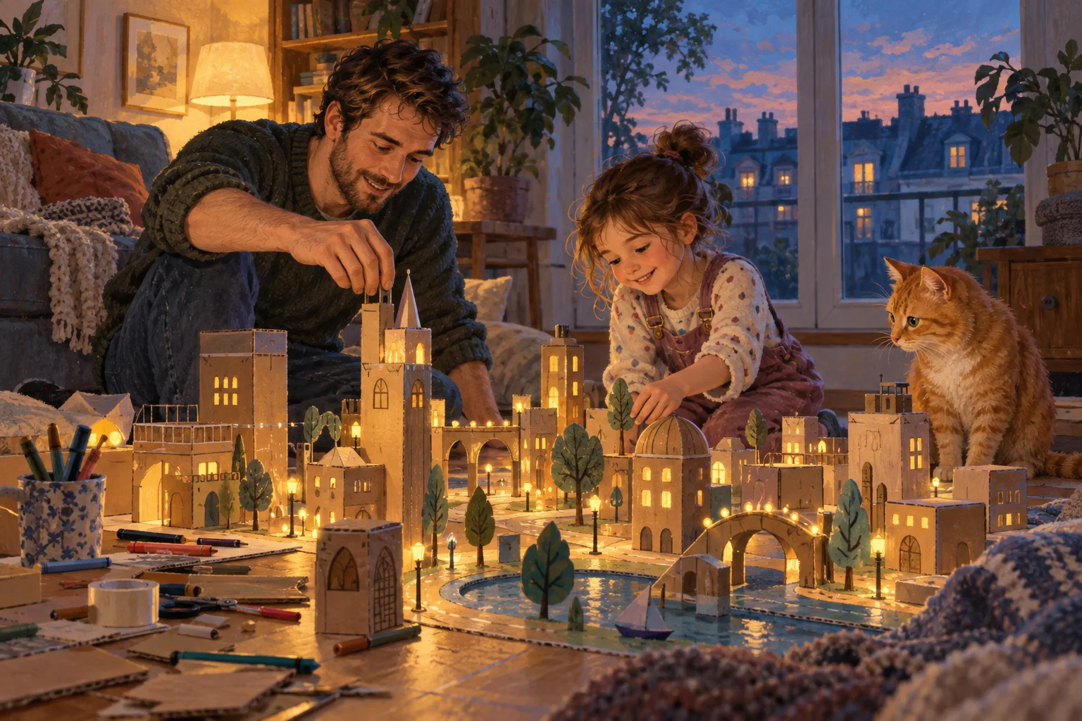 A father and daughter building an illuminated cardboard city with their cat at dusk