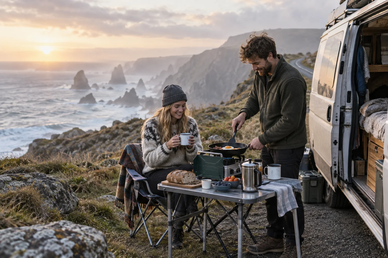 A couple cooking breakfast beside a camper van above a misty Atlantic coast