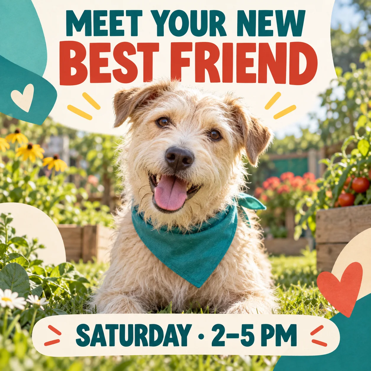 A cheerful dog adoption event graphic featuring a scruffy rescue dog