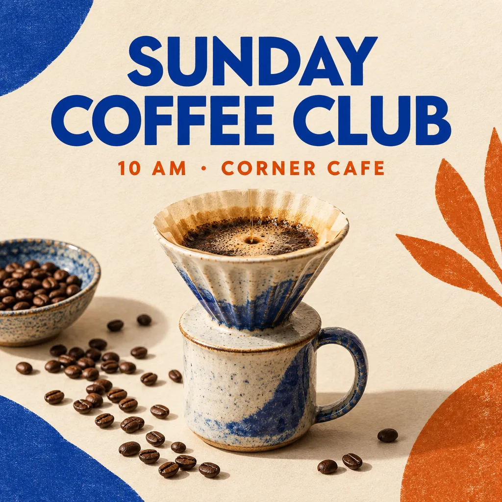 A Sunday Coffee Club poster with a ceramic pour-over cup and coffee beans