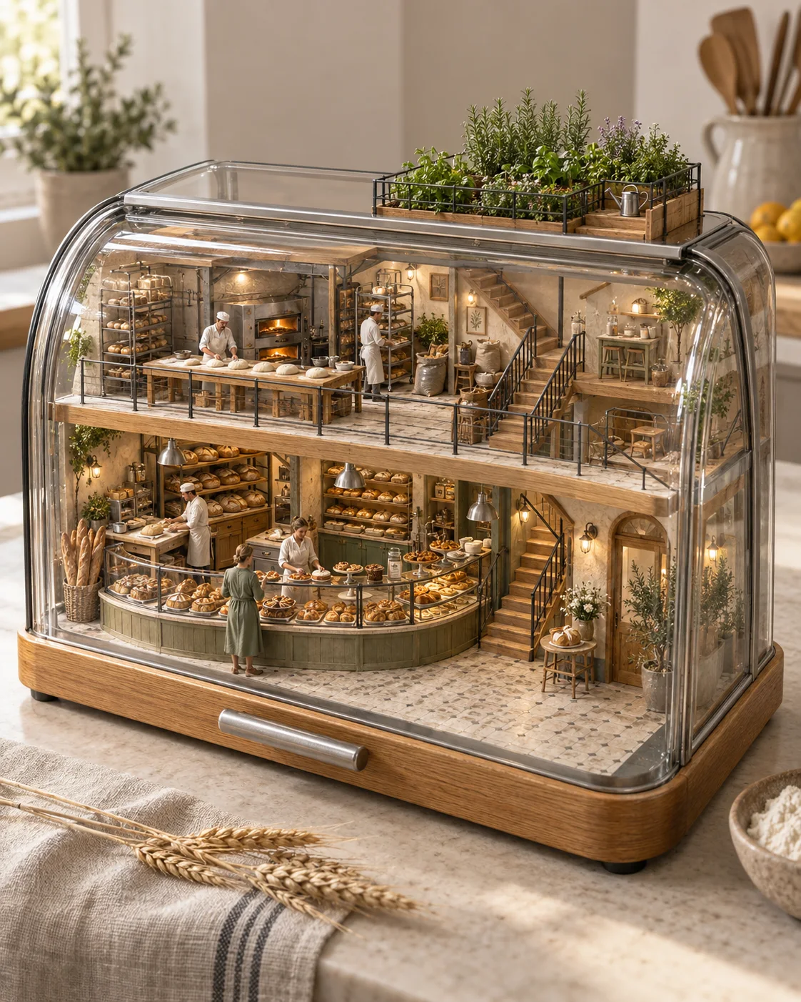 A detailed miniature bakery built inside a transparent glass bread box