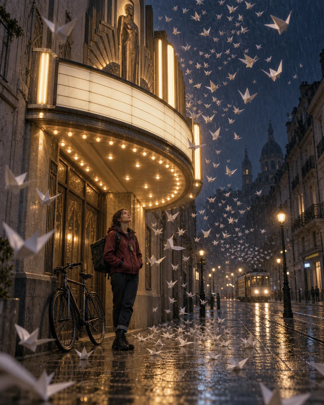 A bicycle courier watching paper birds swirl through rain outside an art deco cinema