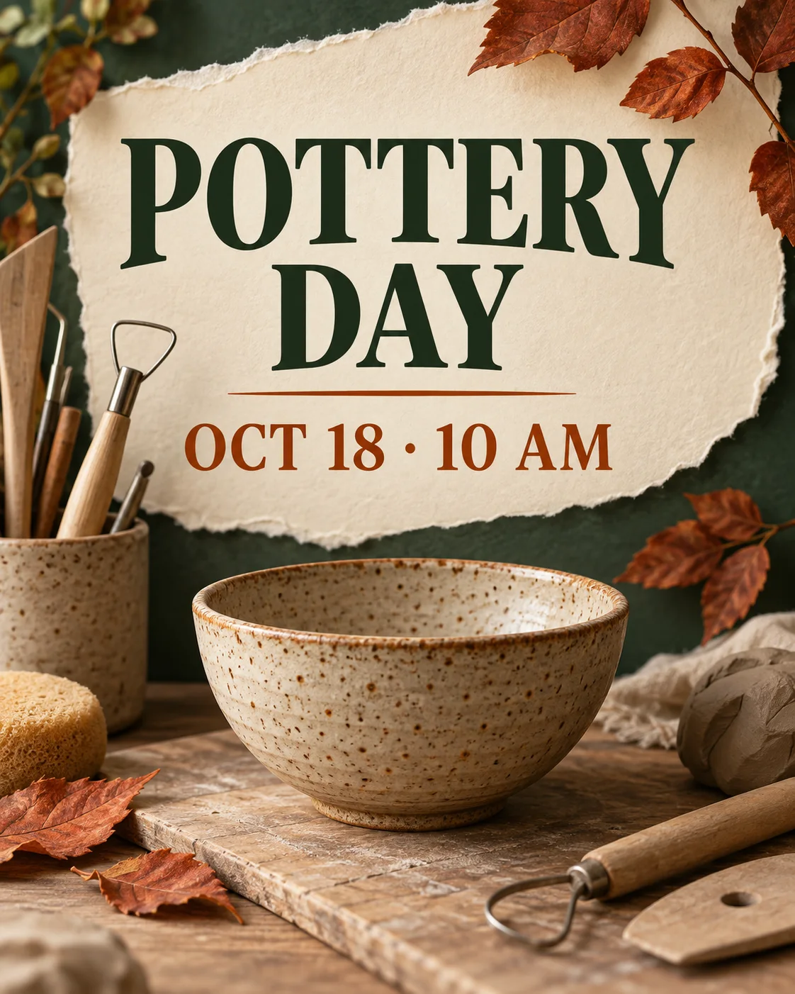 An autumn pottery workshop poster with a ceramic bowl and clay tools