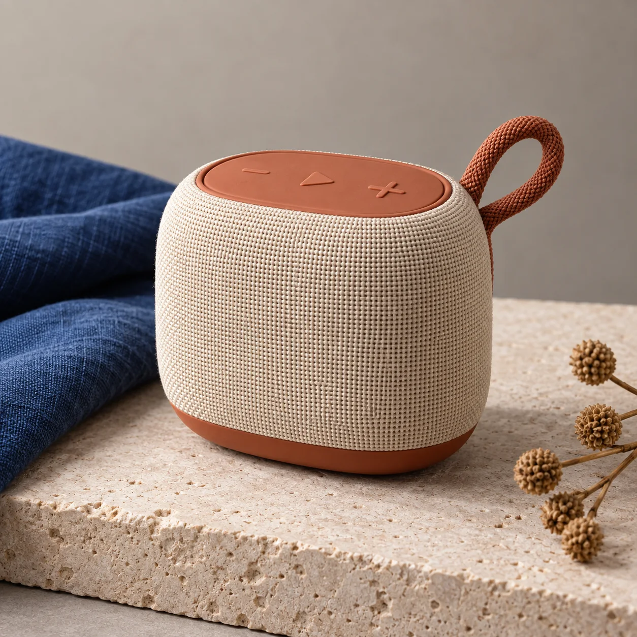 An ivory fabric portable speaker with terracotta controls on a limestone surface