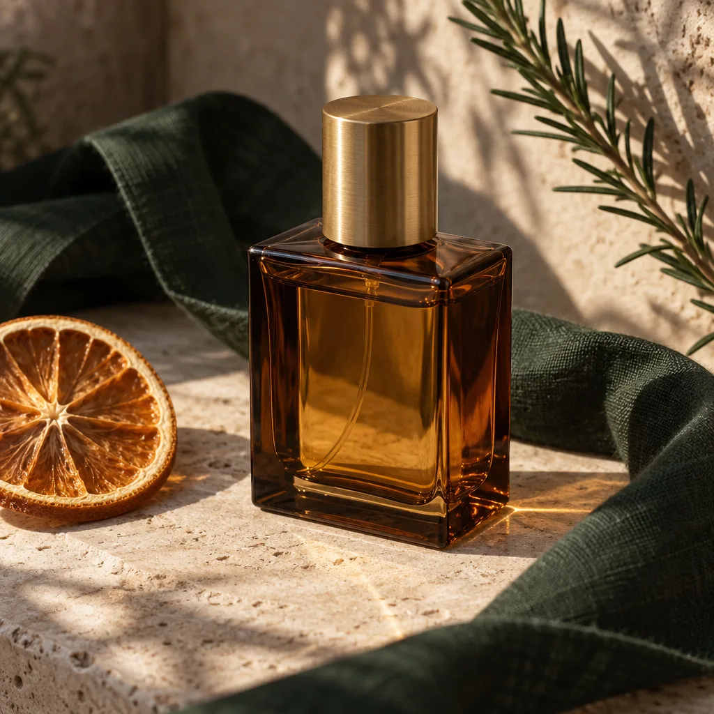 An amber perfume bottle with a brass cap, green linen, dried orange, and rosemary shadows