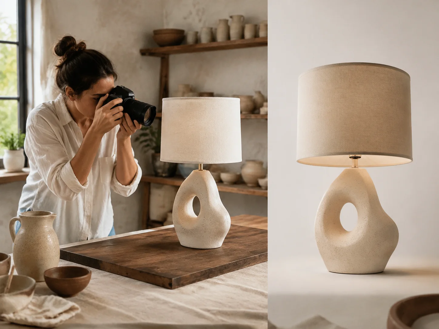 Small-shop owner photographing a handmade ceramic lamp beside a polished product image concept