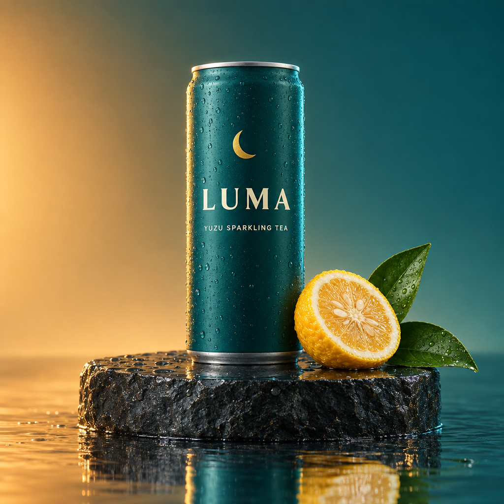 GPT Image 2.5 Flare product advertisement with a teal citrus drink can on reflective stone