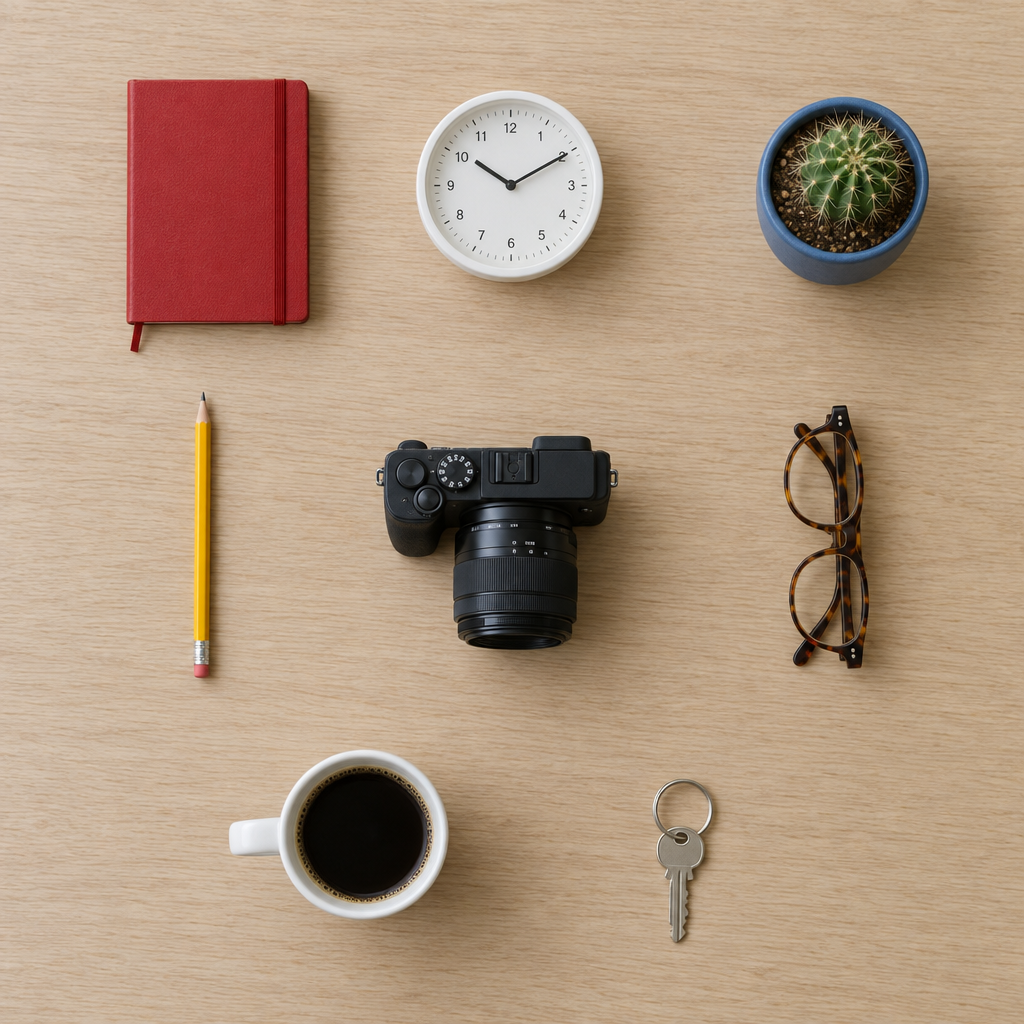 GPT Image 2.5 Flare top-down layout of everyday objects on a wooden desk