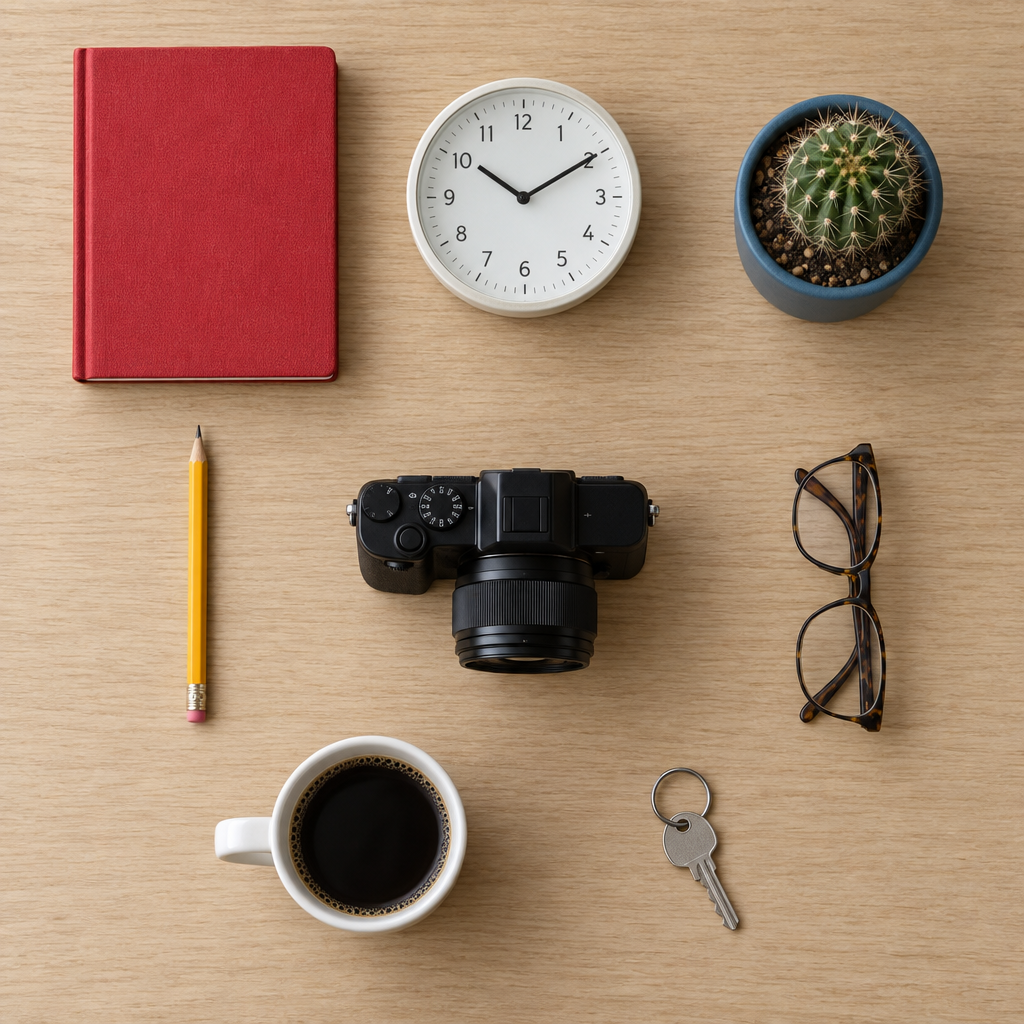 GPT Image 2.5 Sunburst top-down layout of everyday objects on a wooden desk