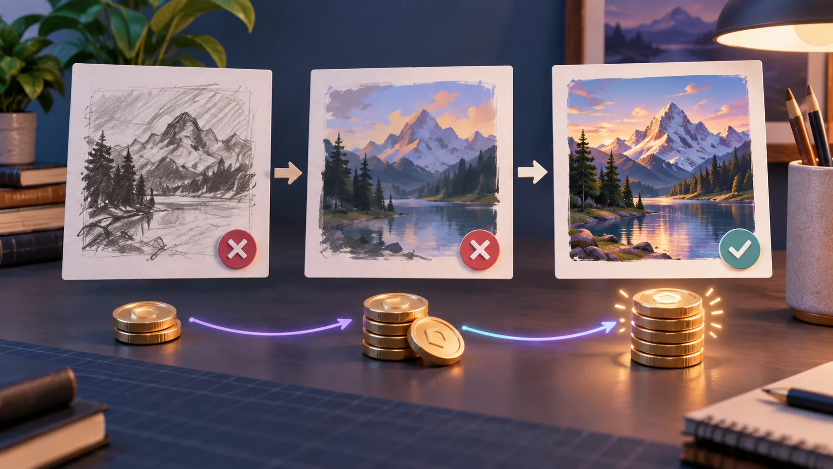 Editorial illustration of rejected drafts progressing to an accepted image as credits accumulate