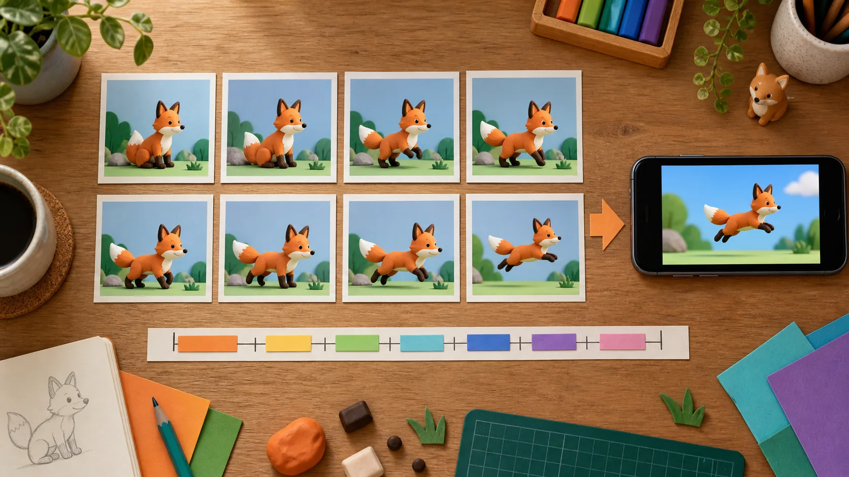 Top-down editorial view of consistent fox frame cards arranged into a stop-motion timeline and phone playback
