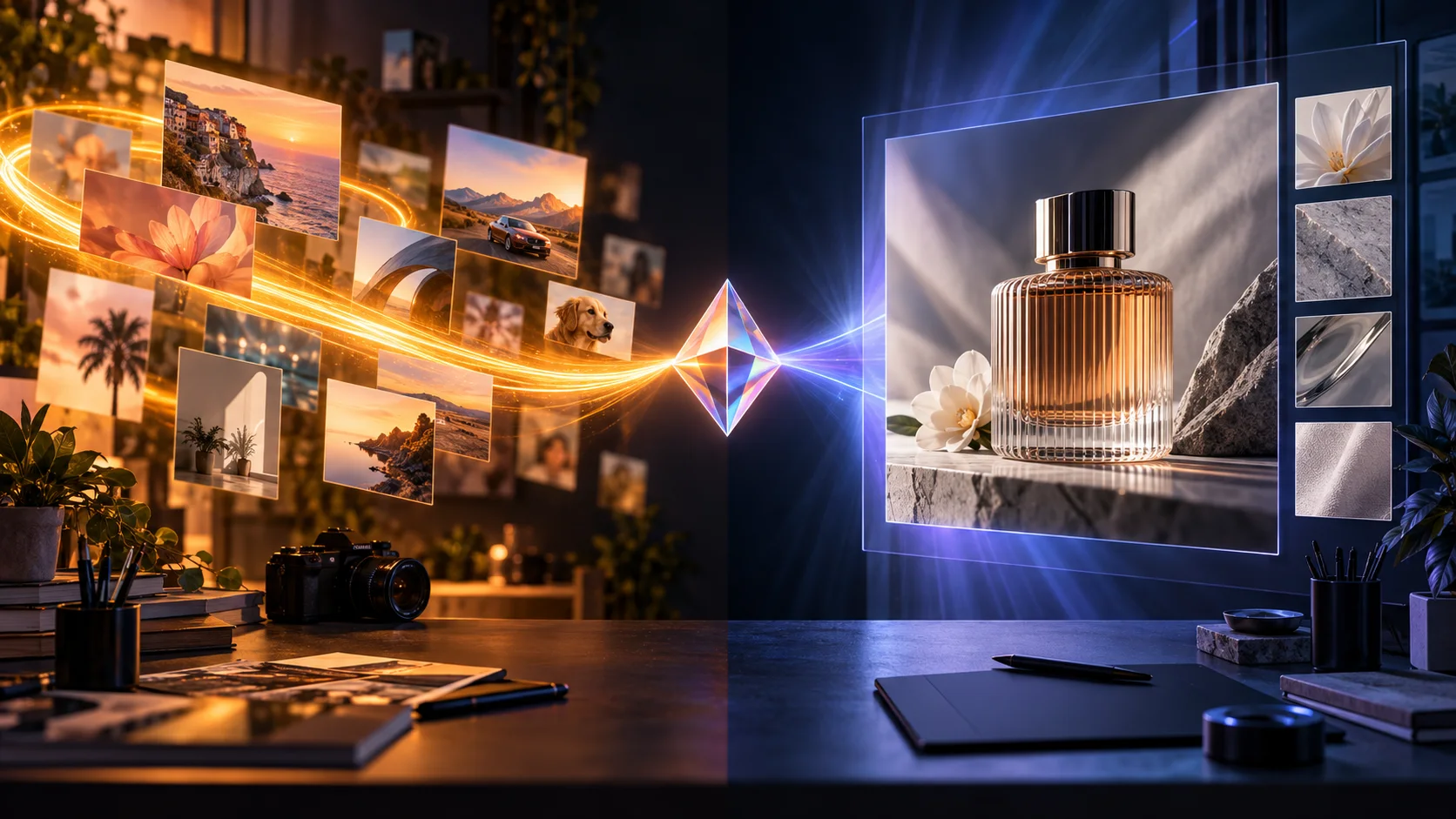 Editorial split scene contrasting rapid image iteration with precise product image editing