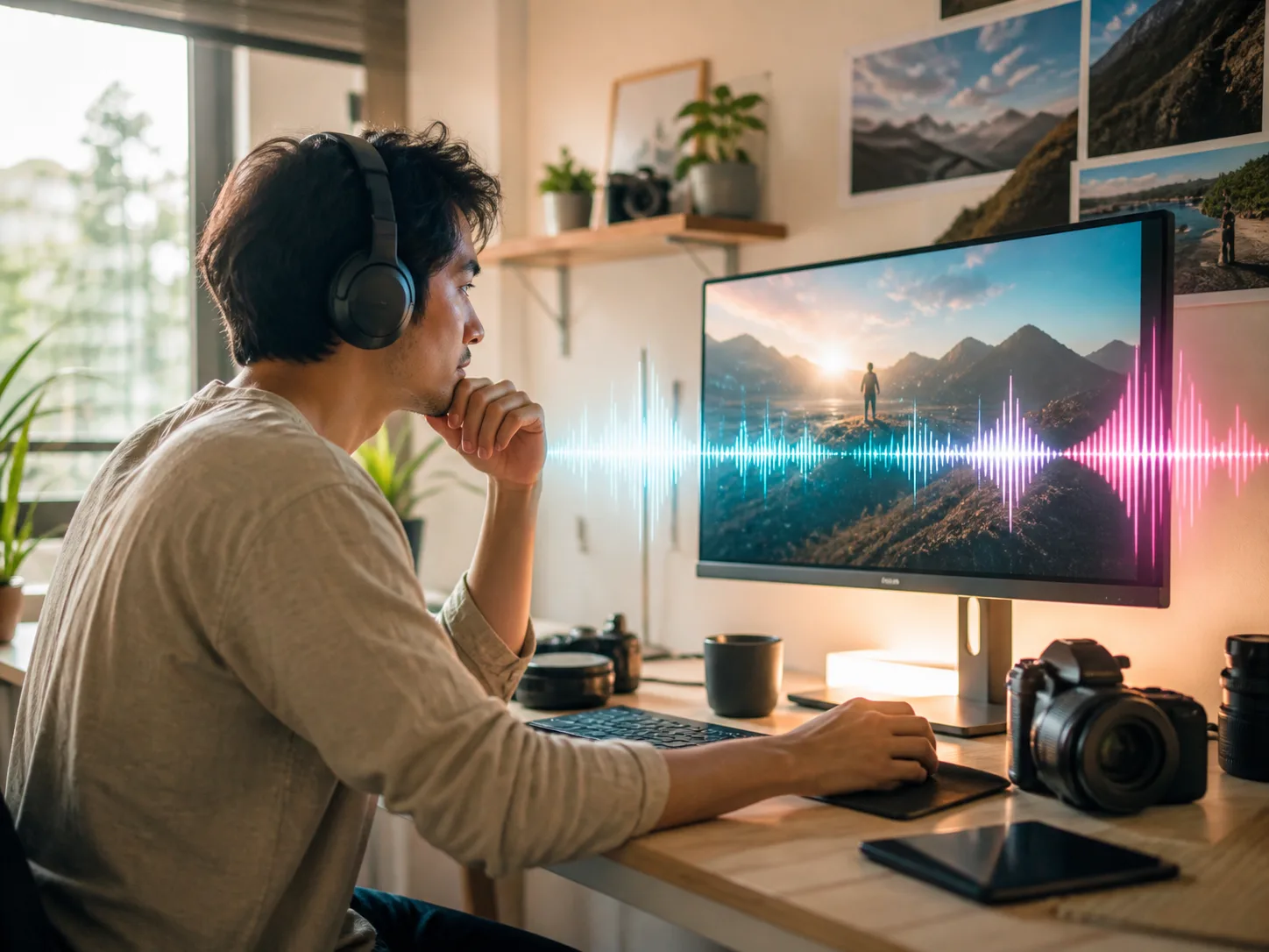A creator pairing an instrumental waveform with footage from a personal travel video