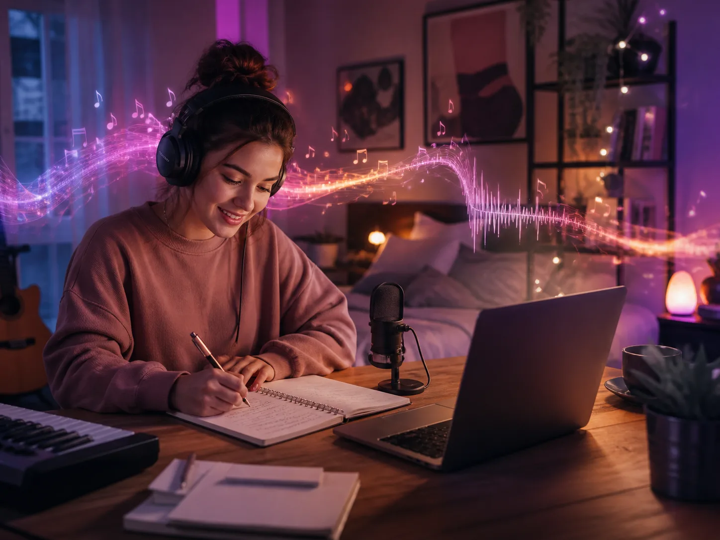 A home creator writing lyrics while a colorful waveform forms around her