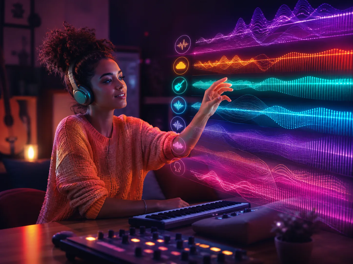 A creator arranging colorful layers that represent vocals, instruments, tempo, and mood