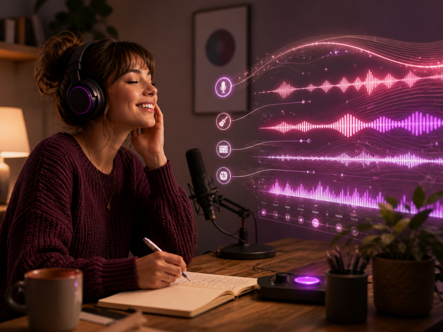 A home creator shaping lyrics and instrument layers into a song in a conceptual AI music workflow