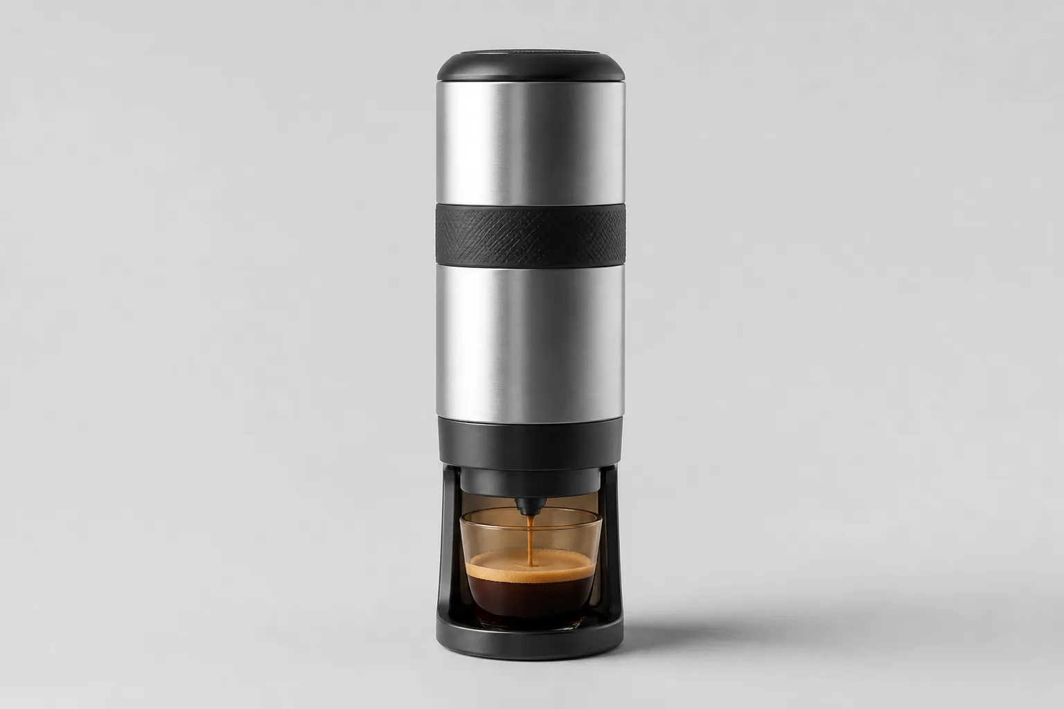 Portable espresso maker on a neutral studio background