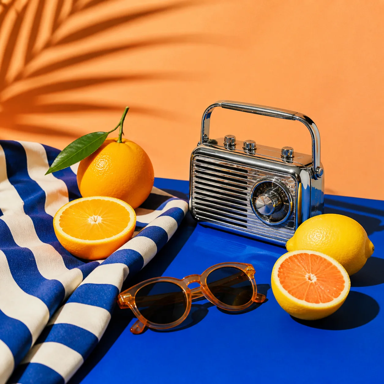 Colorful summer still life with citrus, sunglasses and a radio