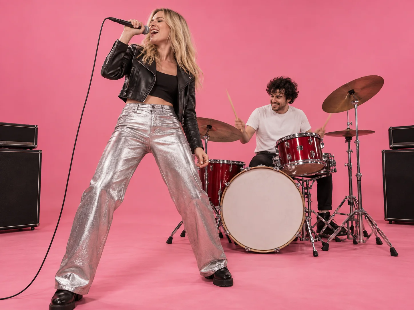 Concept illustration of a singer with a microphone and a drummer performing in a pink studio