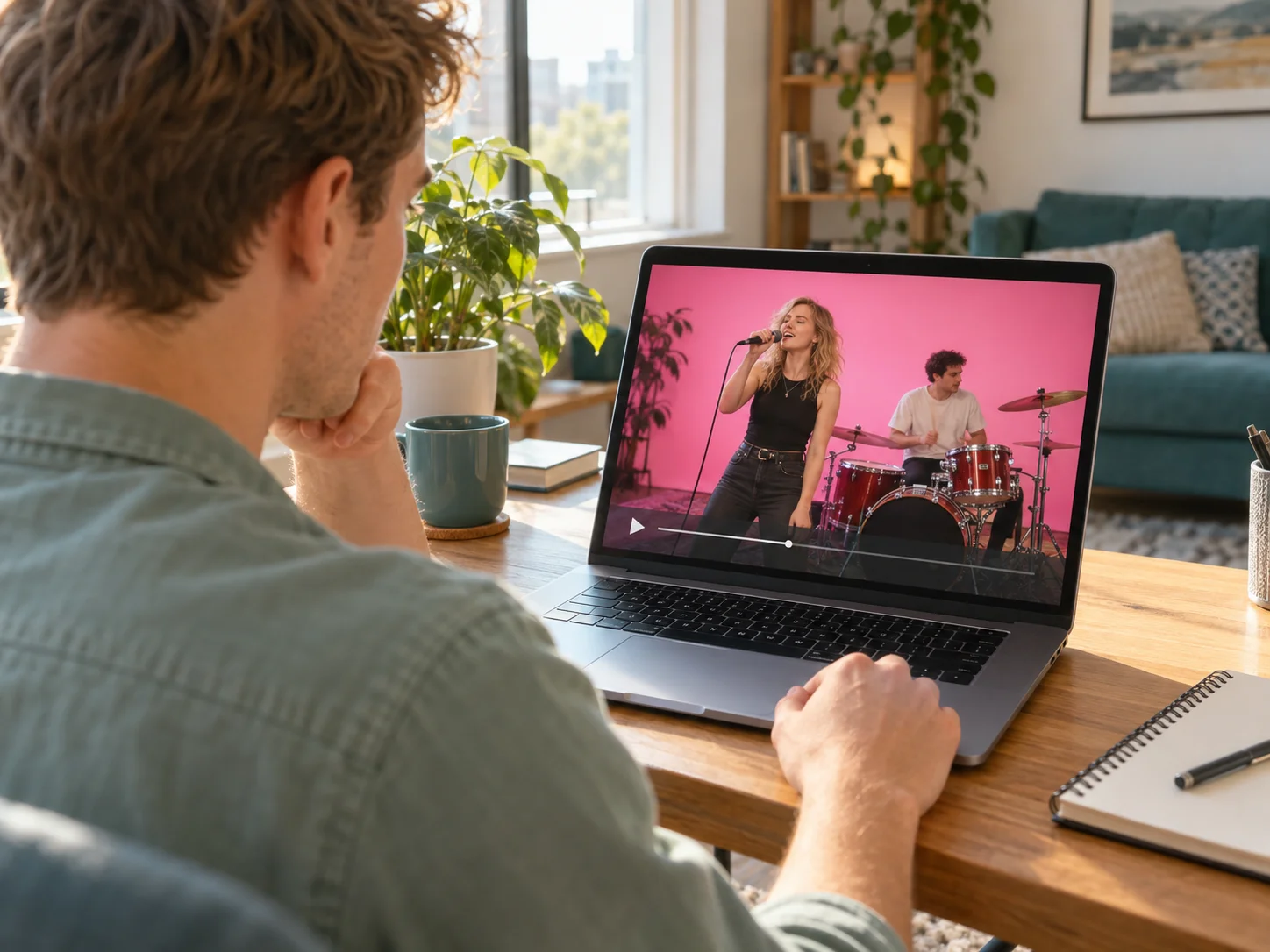 Concept illustration of a person reviewing a pink-stage duo video on a laptop at home