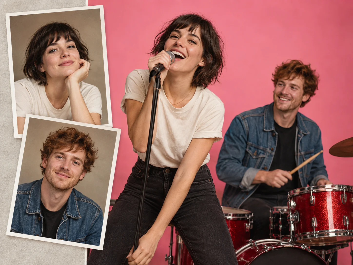 Concept illustration pairing two individual portrait photos with the same people singing and drumming on a pink stage