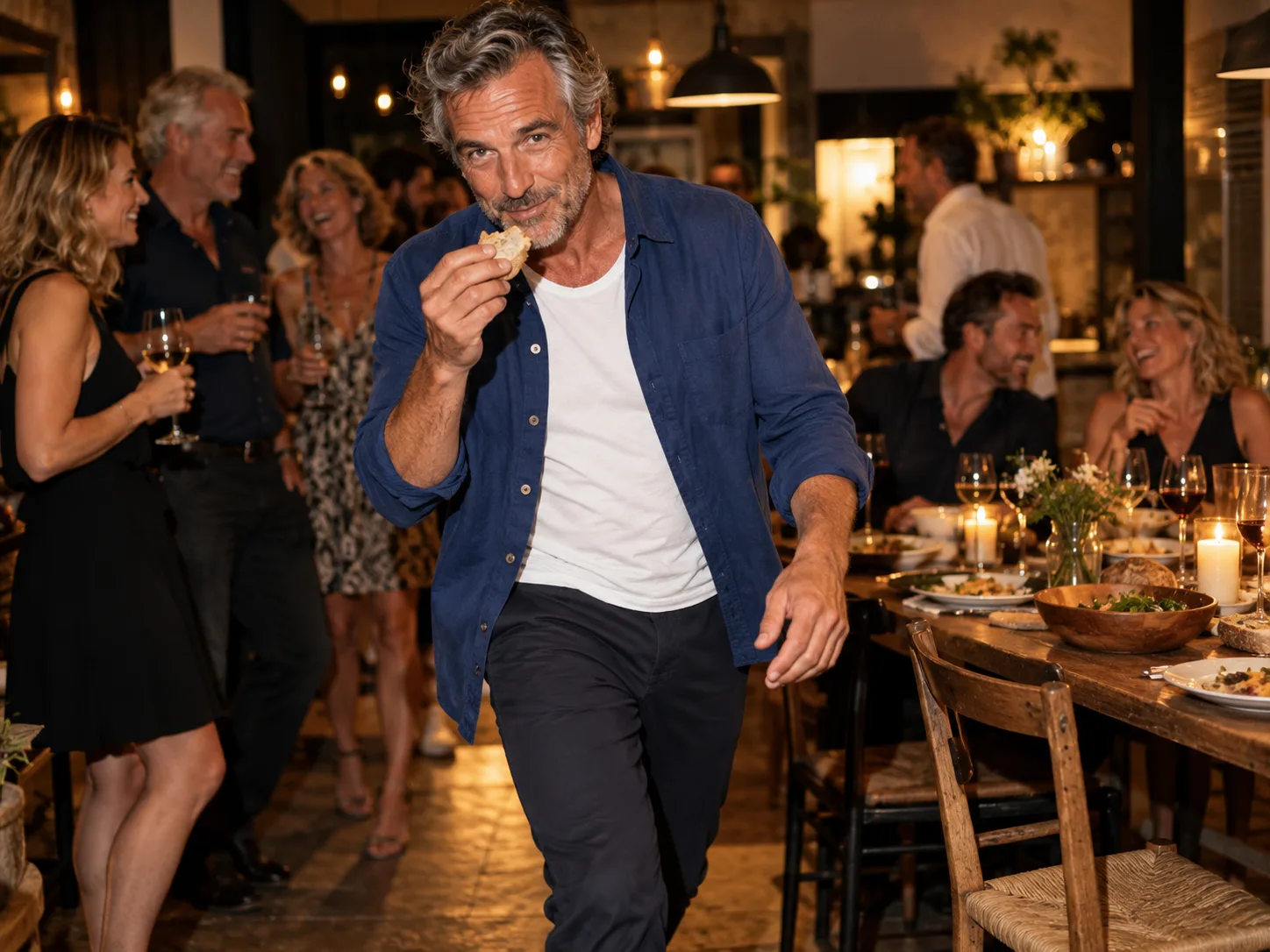 Concept illustration of a man stepping toward the camera with bread at a lively house party