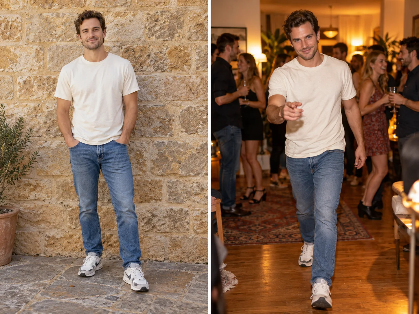 Concept illustration of the same man in a casual full-body photo and walking into a party
