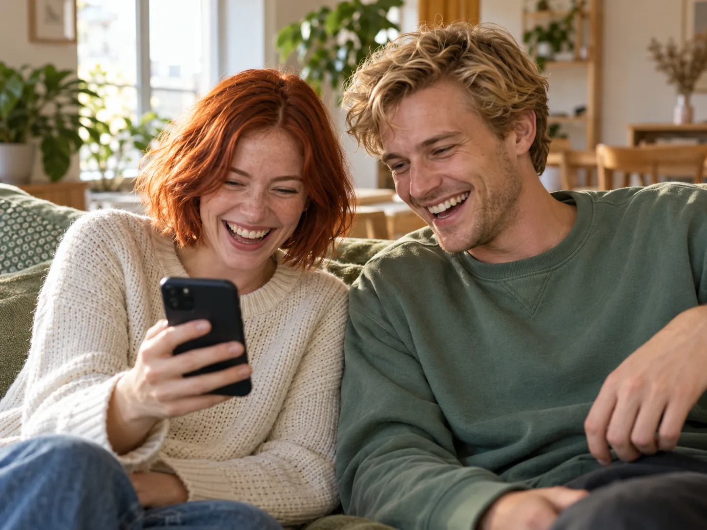 Two friends laughing together while watching a phone in a sunlit apartment